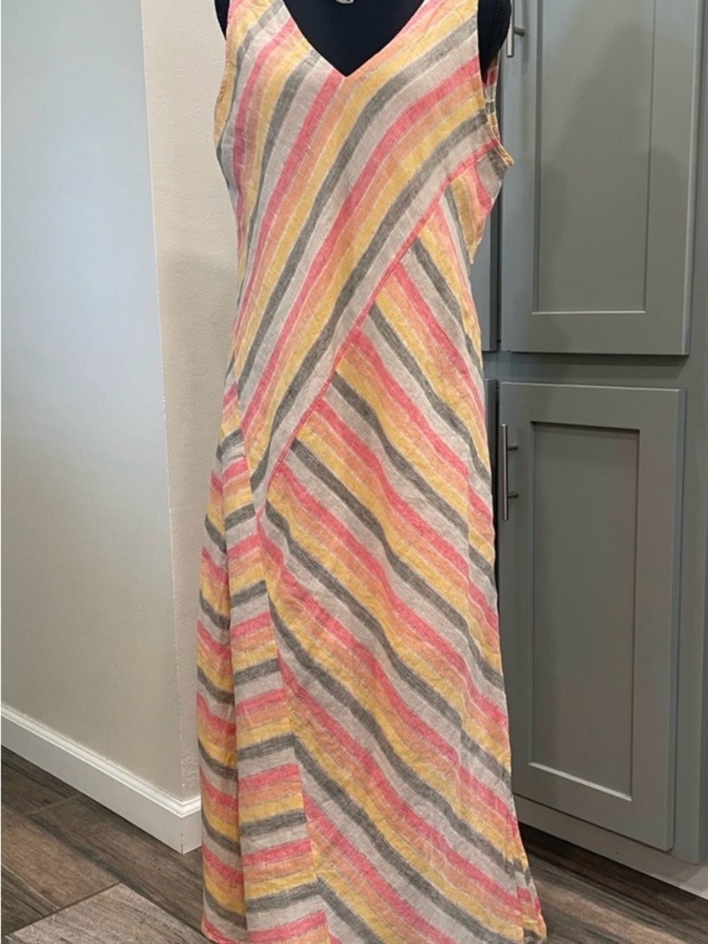 J. Jill Love Linen Striped Sleeveless V-Neck Maxi Dress in Yellow, Pink & Gray